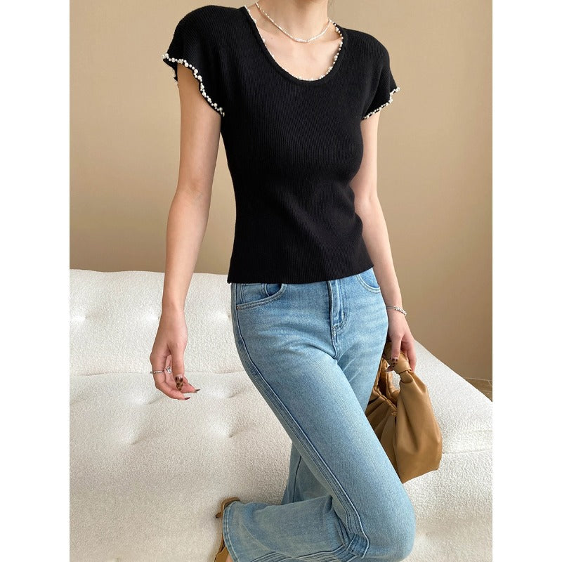 Damen figurbetontes Ripp-Top mit zarten Rüschendetails Drune
