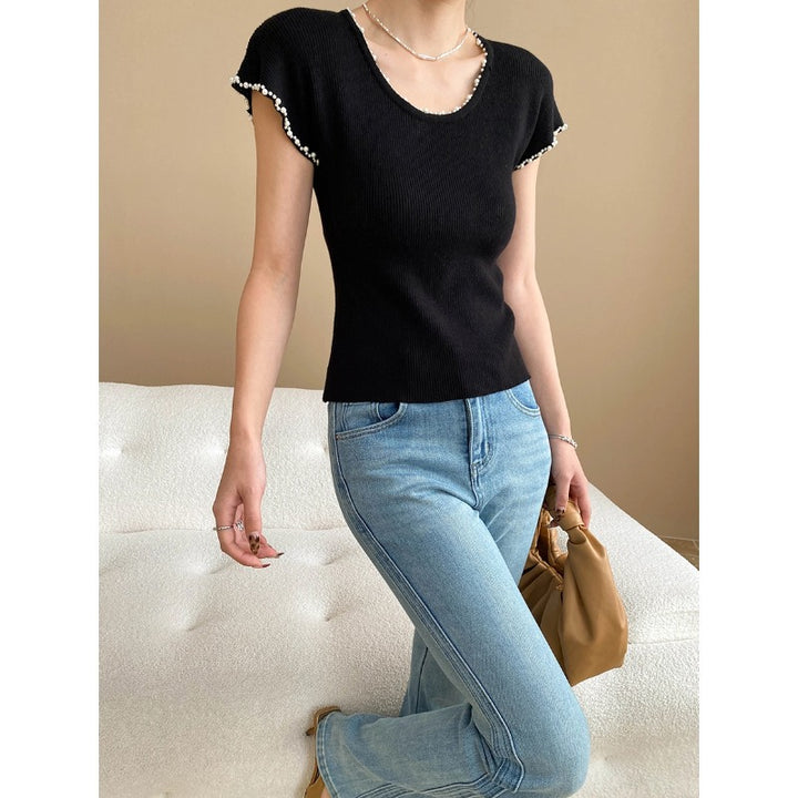 Damen figurbetontes Ripp-Top mit zarten Rüschendetails Drune