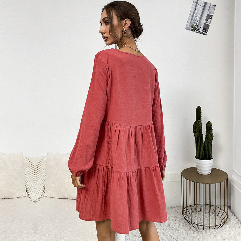 Damen Lockeres Cord-Volantkleid mit Stufenrock & Zierknopfleiste Drune