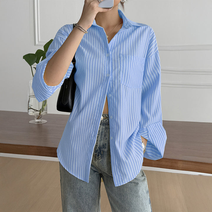 Damen nan oversized Hemdbluse mit kastigem Schnitt, Brusttasche und abgerundetem Saum Drune