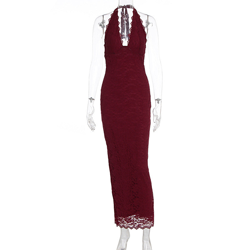 Damen Elegantes Spitzenmaxikleid mit halterndem Dekolleté Drune