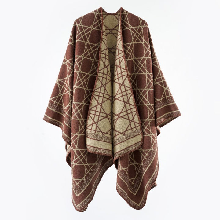 Damen Wendbarer Jacquard-Capeponcho mit geometrischem Allovermuster und offenem Kimono-Fall Drune
