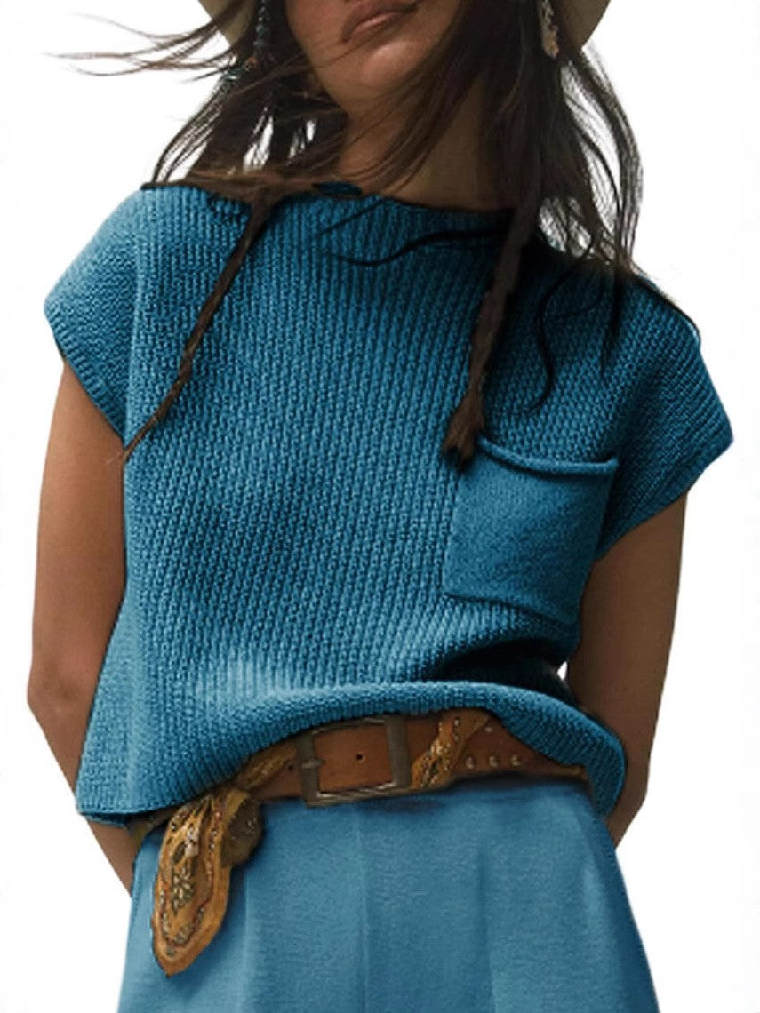 Damen lässiger Strickpullover mit strukturierter Oberfläche und Brusttasche Drune