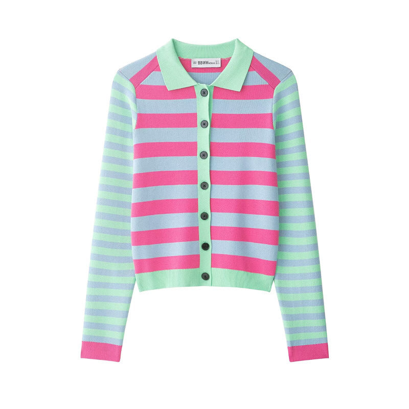 Damen Gestreifte Kurzstrickjacke mit Polokragen, kontrastierender Knopfleiste und Rippbündchen Drune