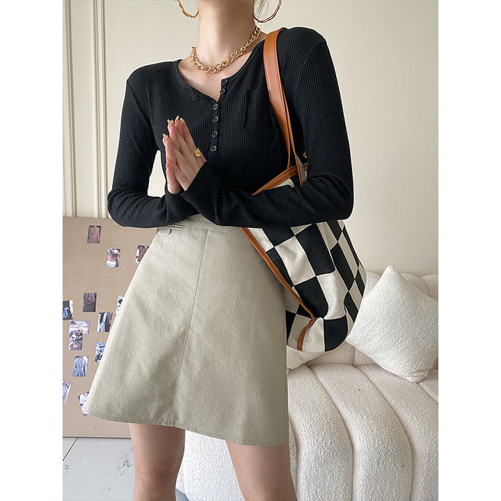 Damen Langarm-Henley-Shirt mit Knopfdetails und feiner Rippstruktur Drune