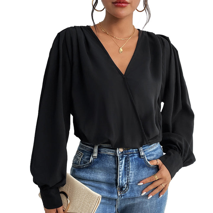 Damen Leichte Wickelbluse mit V-Ausschnitt, gerafften Schultern & Ballonärmeln Drune