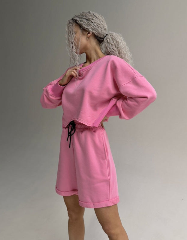 Damen lässiges Sweatshirt- und Shorts-Set mit Kordelzug und farbenfrohem Design