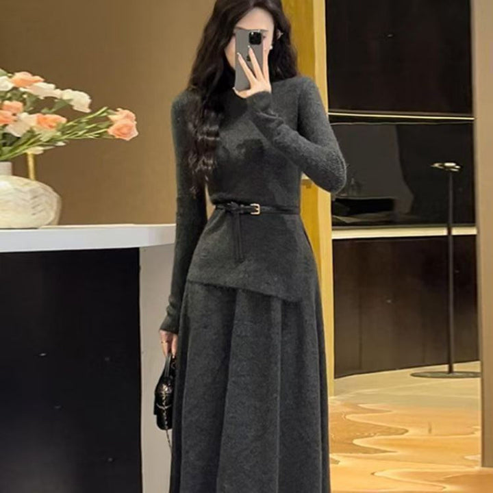 Damen Elegantes Strickkleid mit asymmetrischem Saum und Gürtel Drune