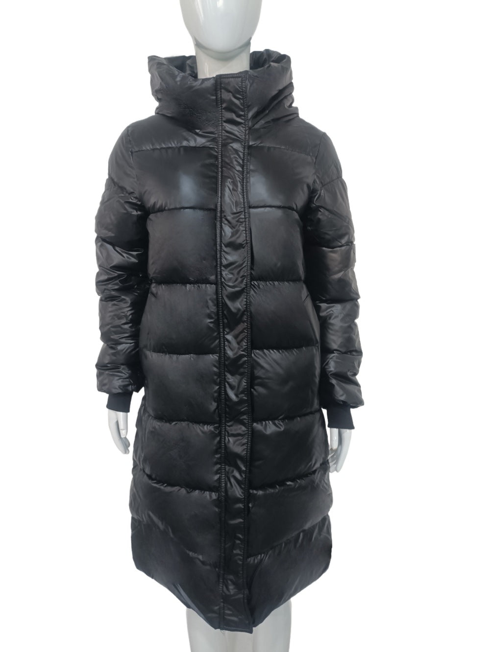 Damen Langer Puffer‑Mantel mit hohem Stehkragen, wattierter Steppung und elastischen Bündchen Drune