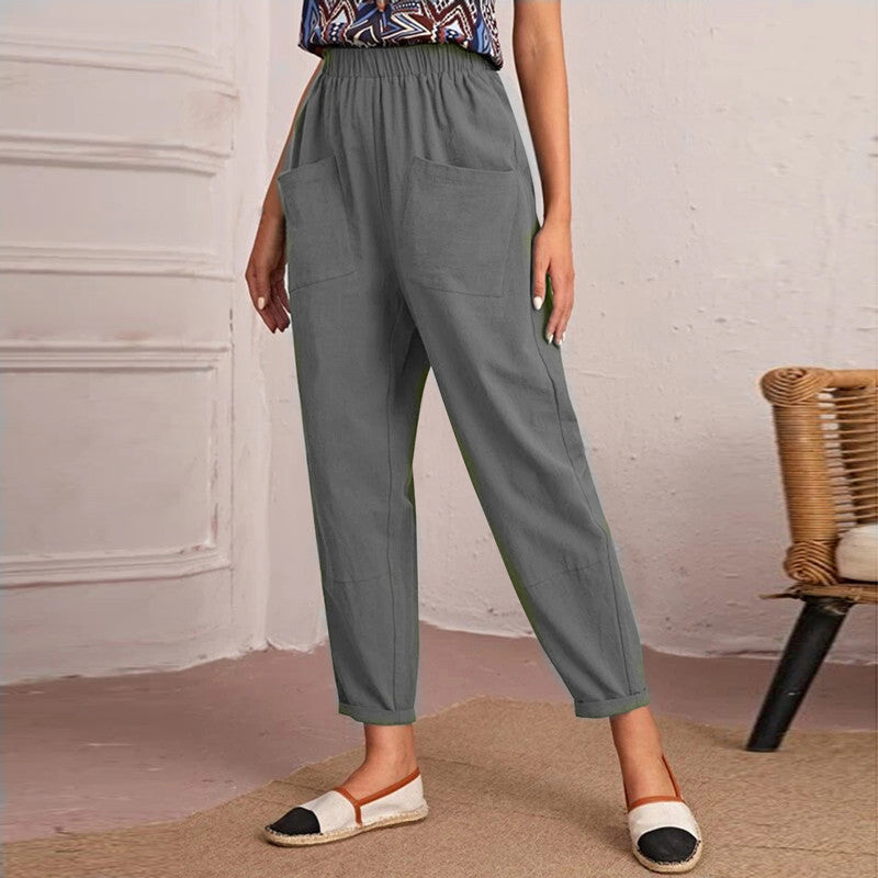 Damen bequeme Freizeithose mit elastischem Bund und großen Taschen Drune
