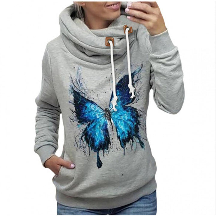 Damen Kapuzenpullover mit hohem Schlauchkragen, Kängurutasche und Schmetterlingsprint Drune