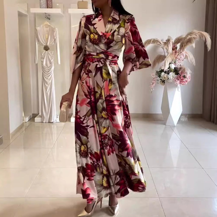 Damen nan Maxikleid mit Reverskragen, Kimonoärmeln und taillierendem Bindegürtel Drune