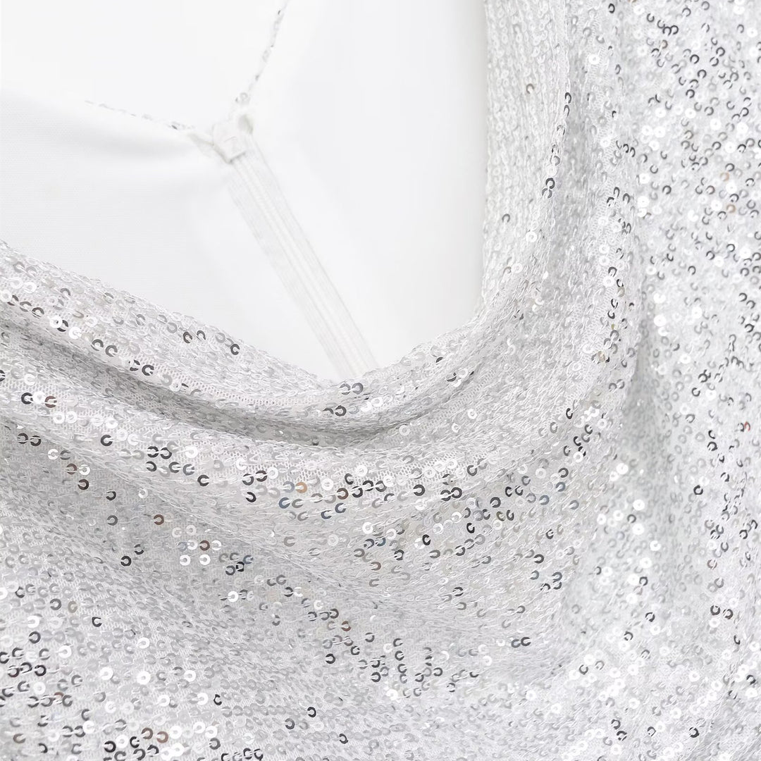 Damen kurzärmeliges Abendkleid mit schimmerndem Paillettenbesatz Drune