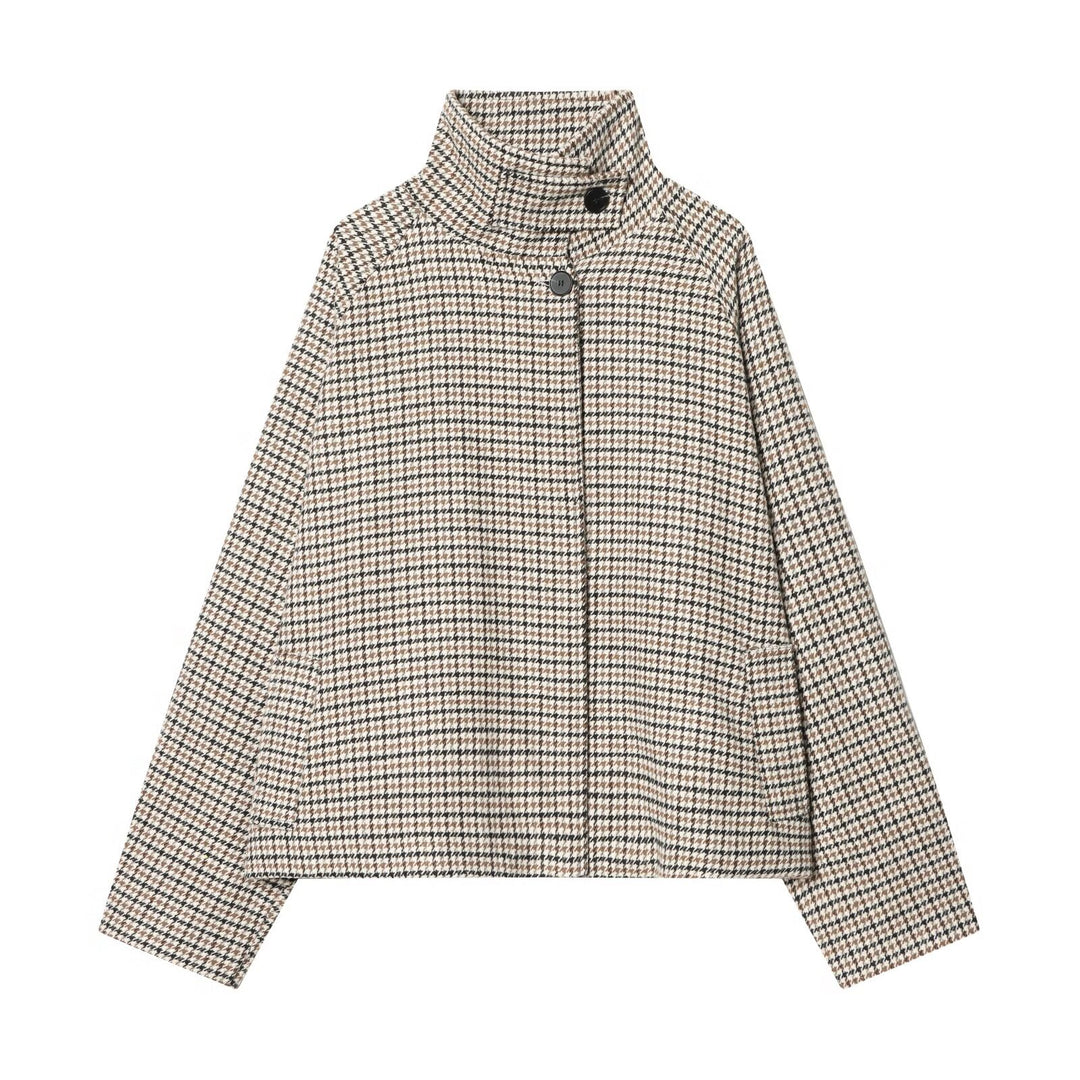 Damen Kurzjacke im Hahnentritt‑Muster mit hohem Stehkragen und Oversize‑Raglanärmeln Drune