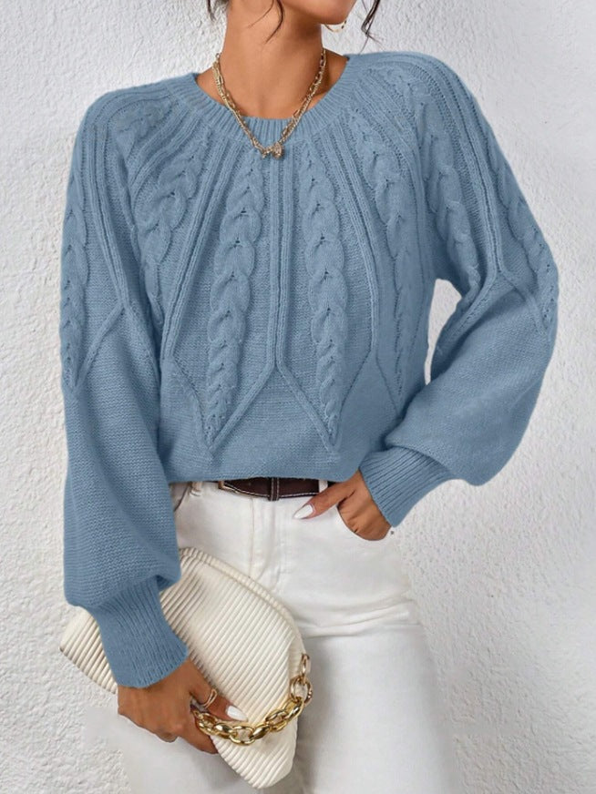Damen nan kurzer Zopfmuster-Strickpullover mit Ballonärmeln und geripptem Saum Drune