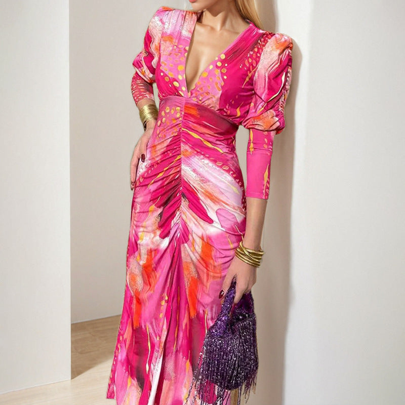 Damen Maxikleid mit stilvollem V-Ausschnitt und luxuriösen Puffärmeln Drune