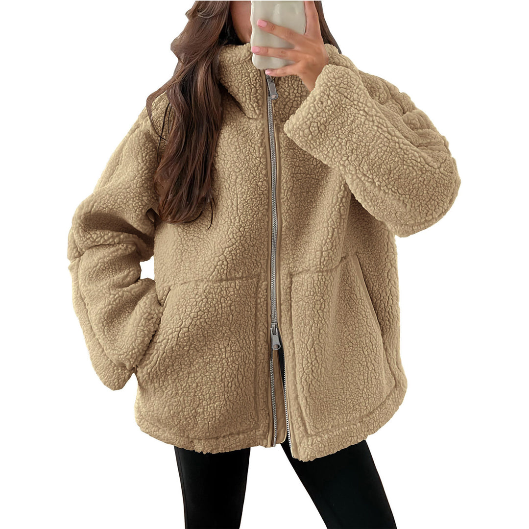 Damen nan oversized Teddyfleece Jacke mit Stehkragen und durchgehendem Reißverschluss Drune