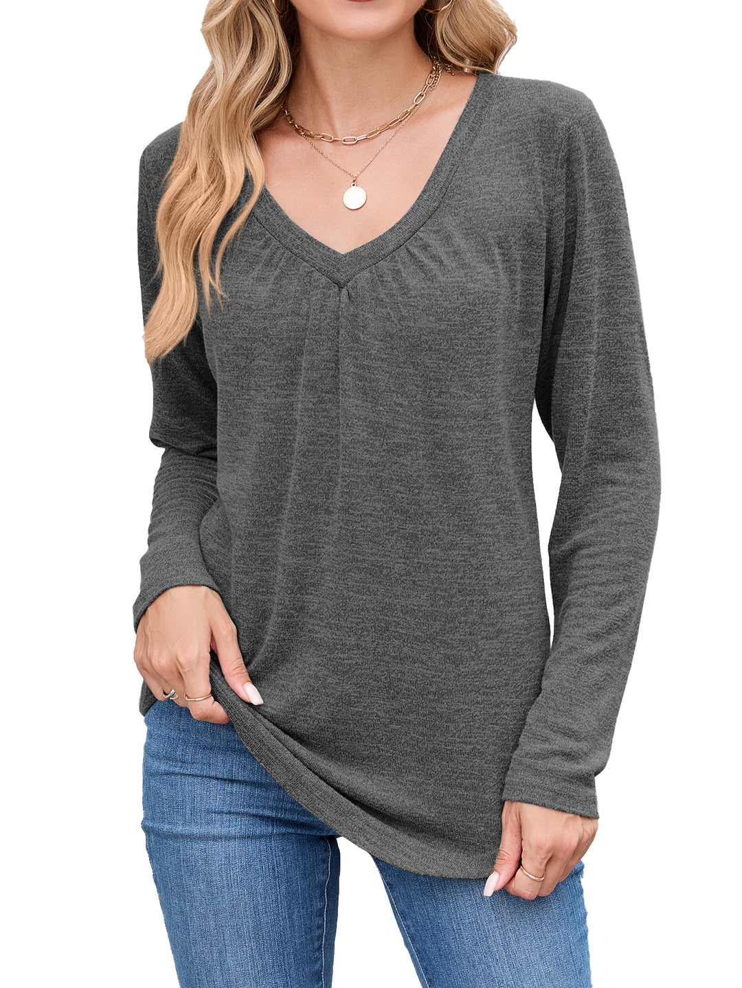 Damen Langarmshirt mit raffiniertem V-Ausschnitt und Falten Drune