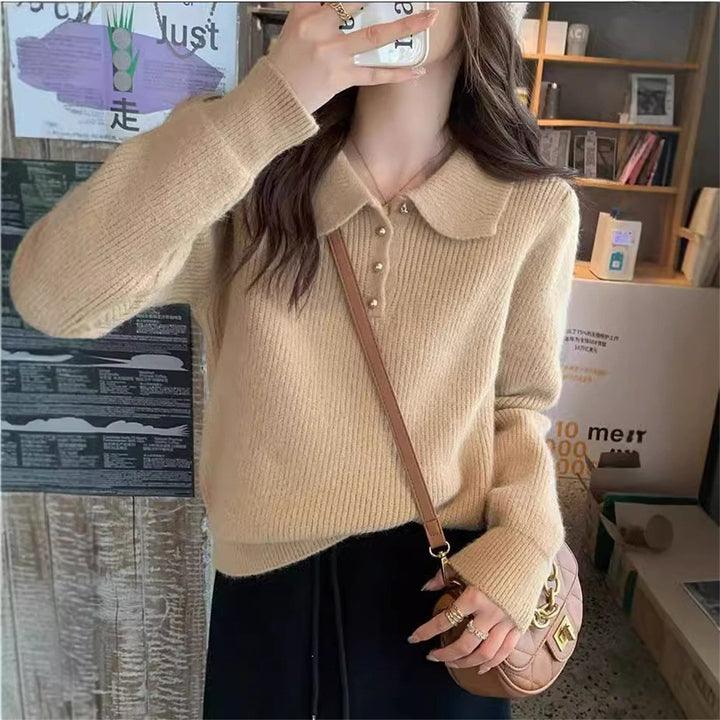 Damen Eleganter Polokragen Pullover aus weichem Strick Drune