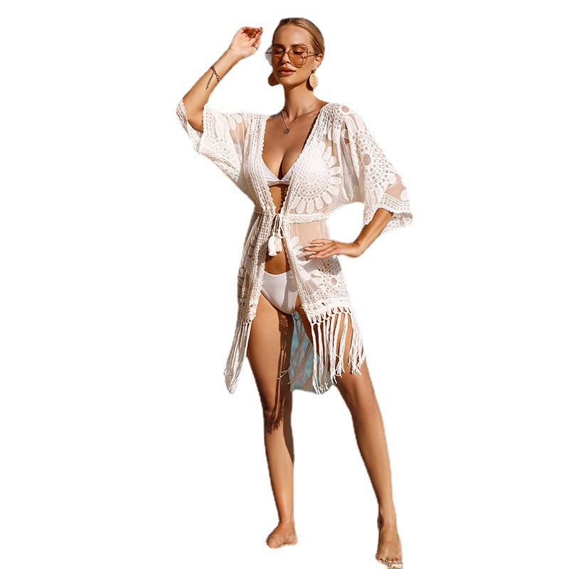 Damen Häkel-Strandüberwurfkleid mit fransigem Saum und floralem Design Drune