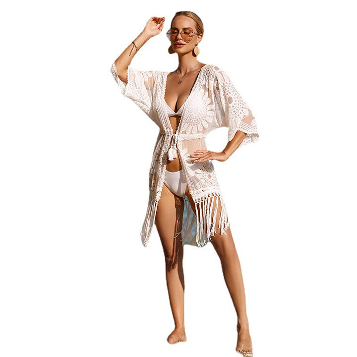 Damen Häkel-Strandüberwurfkleid mit fransigem Saum und floralem Design Drune