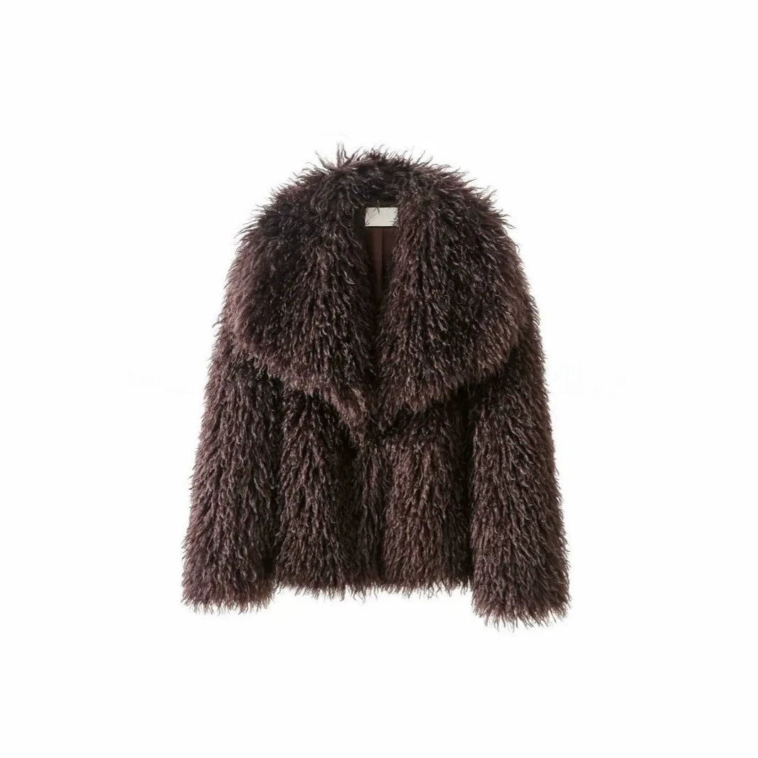 Damen Kurzjacke aus langflorigem Kunstpelz mit extra breitem Schalkragen Drune