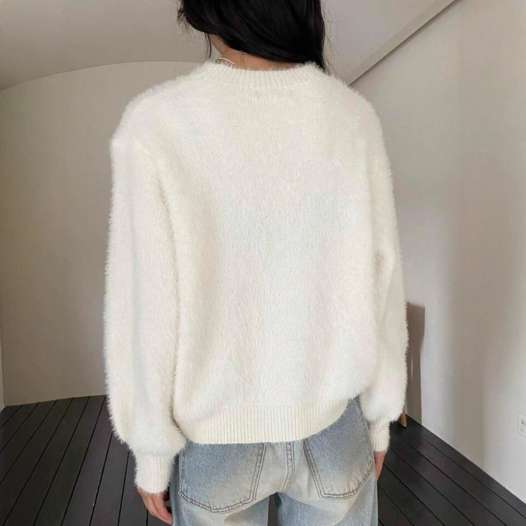Damen Kurzgeschnitteter Flauschpullover mit Ballonärmeln und Rundhalsausschnitt Drune