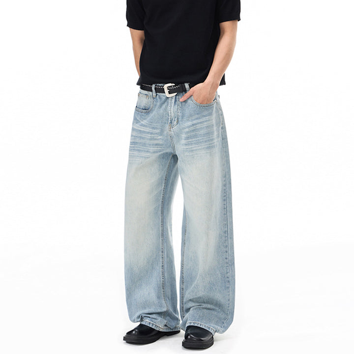 Herren Weitfallende Loose-Palazzo-Denimjeans mit tiefem Schritt und heller Used-Waschung Drune