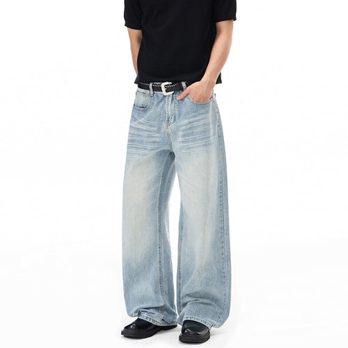 Herren Weitfallende Loose-Palazzo-Denimjeans mit tiefem Schritt und heller Used-Waschung Drune