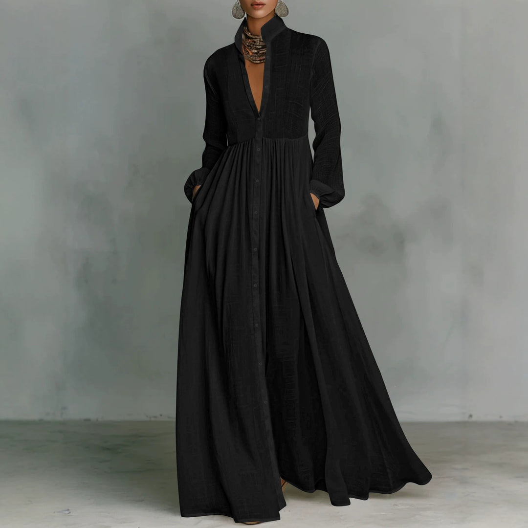 Damen Maxikleid mit Stehkragen, durchgehender Knopfleiste, taillenhoher Raffung und Eingrifftaschen Drune