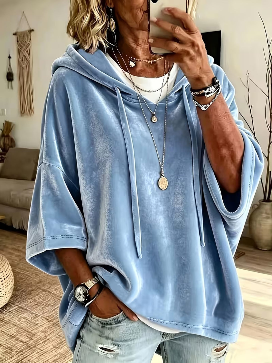 Damen Oversize Samt-Kapuzenponcho mit halblangen Ärmeln und Tunnelzug Drune