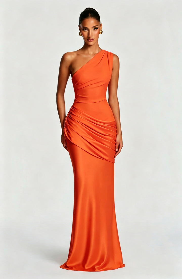 Damen Elegantes One-Shoulder Maxikleid mit fließenden Drapierungen Drune