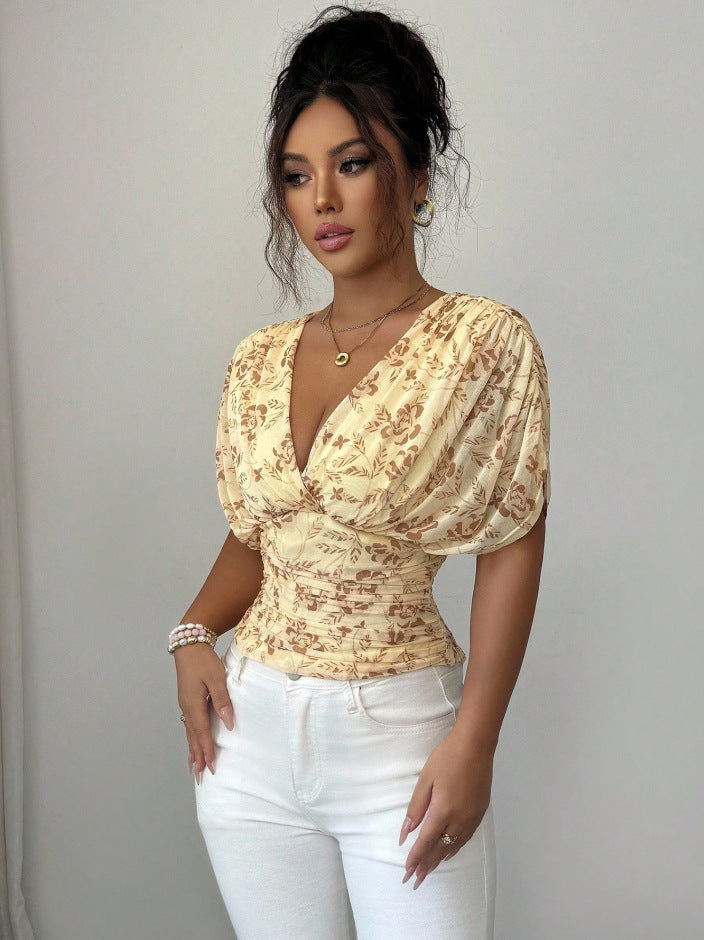 Damen Figurbetonte Wickelbluse mit tiefem V-Ausschnitt, geraffter Taille und Kimonoärmeln Drune