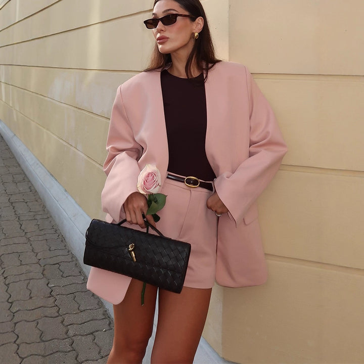 Damen Oversized Blazer-Set mit High-Waist Shorts und strukturierter Schulterpartie Drune