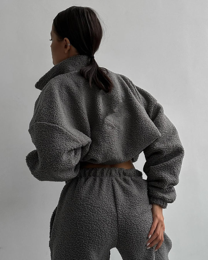 Damen Teddy-Fleece Loungewear-Set mit Reißverschlussjacke und Kordelzug-Hose Drune