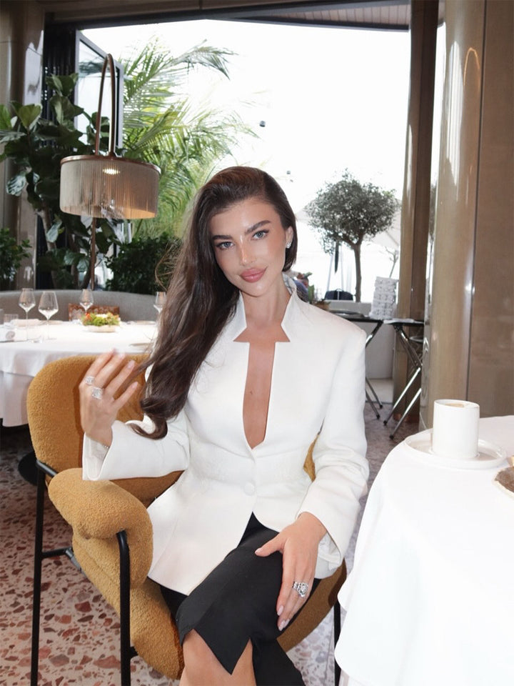 Damen Taillierter Einreihiger Blazer mit Stehkragen und tiefem V‑Ausschnitt Drune