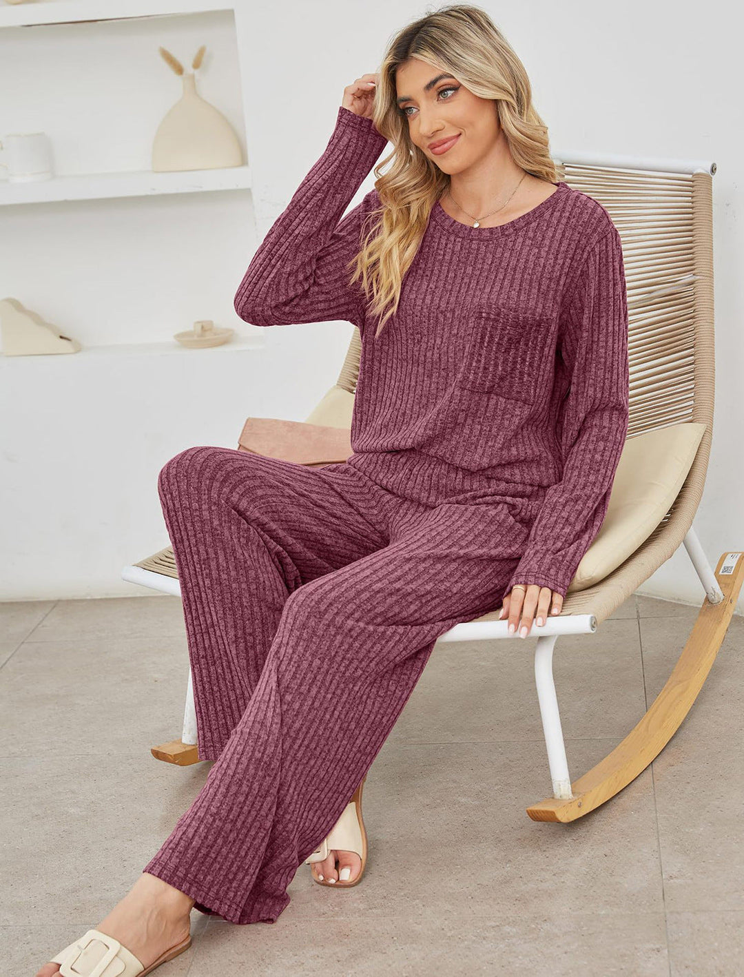 Drune | Lounge Satz Strickrib Textur Lockere Passform Langärmliges Oberteil & Hose