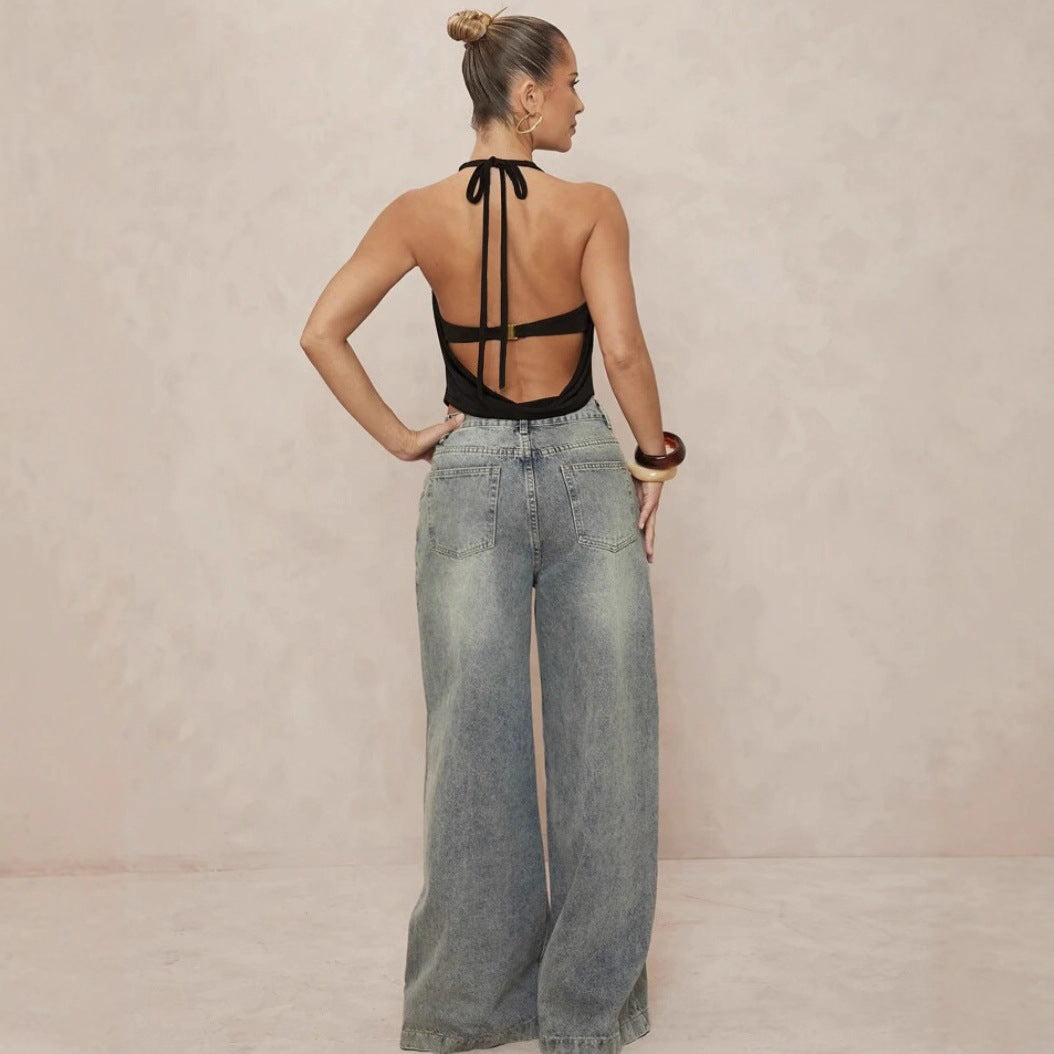 Damen Haltertop mit tiefem V-Ausschnitt und eleganter Drapierung Drune