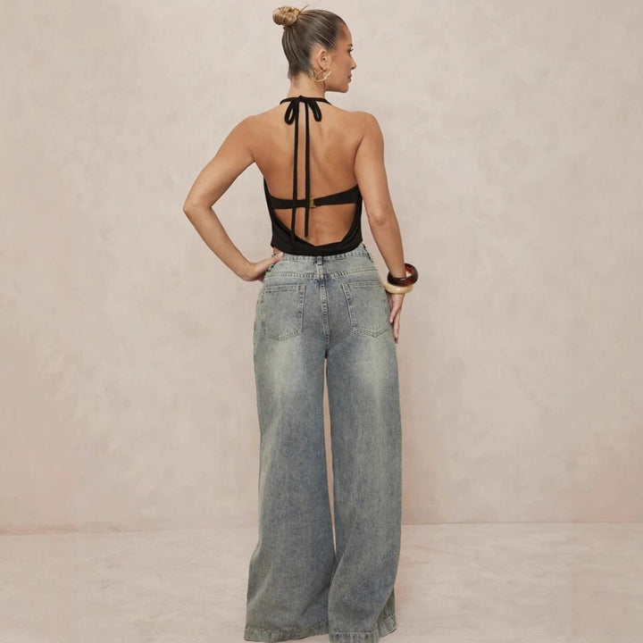 Damen Haltertop mit tiefem V-Ausschnitt und eleganter Drapierung Drune