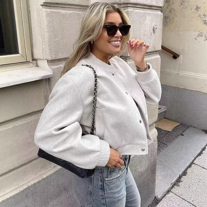 Damen Kurzgeschnittene Wollmix Bomberjacke mit Druckknöpfen und Rippbündchen Drune