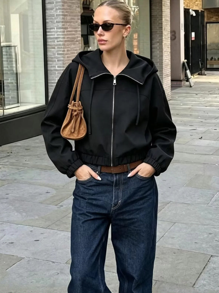 Damen Leichte Kapuzenjacke Cropped mit elastischem Saum Drune