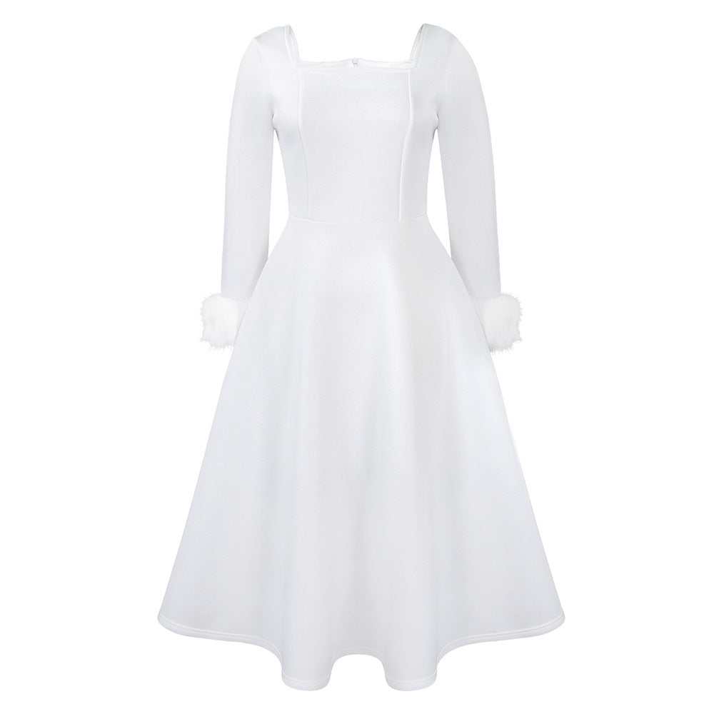 Damen Kleid mit quadratischem Ausschnitt und modischen Fuchsfell-Ärmeln Drune