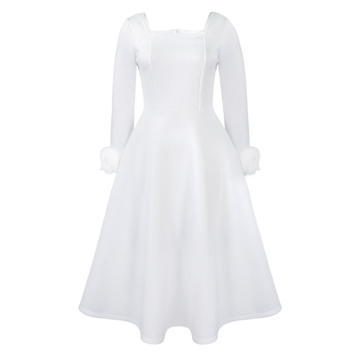 Damen Kleid mit quadratischem Ausschnitt und modischen Fuchsfell-Ärmeln Drune