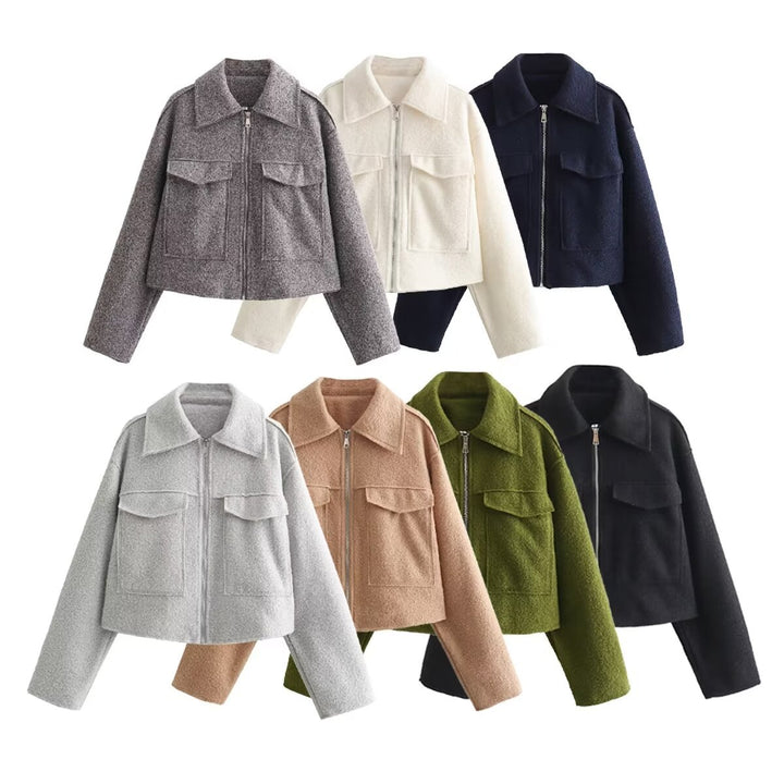 Damen nan kurzes Cropped Overshirt mit großflächigen Pattentaschen und durchgehendem Reißverschluss Drune