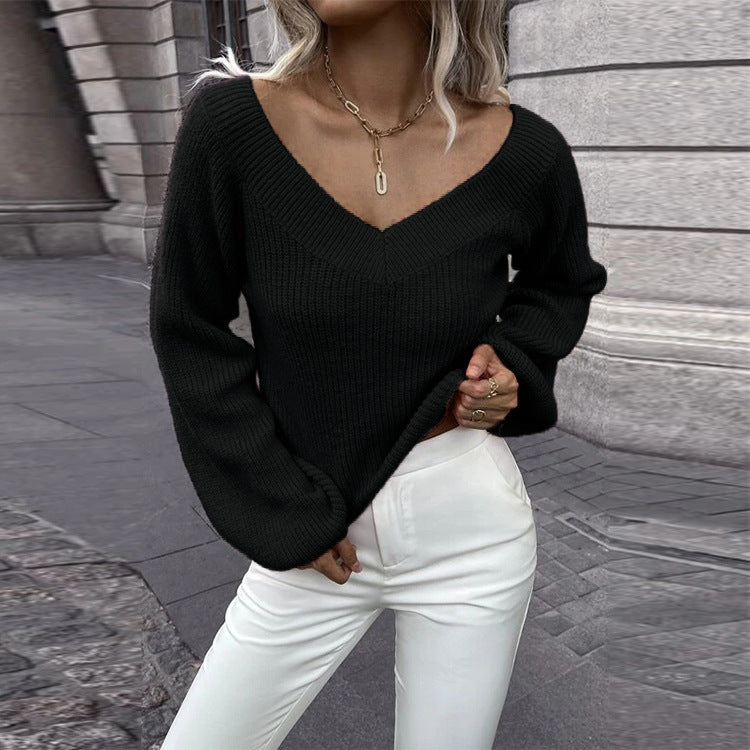 Damen Strickpullover mit V-Ausschnitt und weitem Ärmel Drune