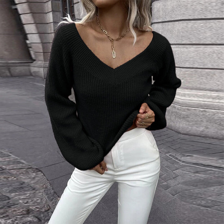 Damen Strickpullover mit V-Ausschnitt und weitem Ärmel Drune