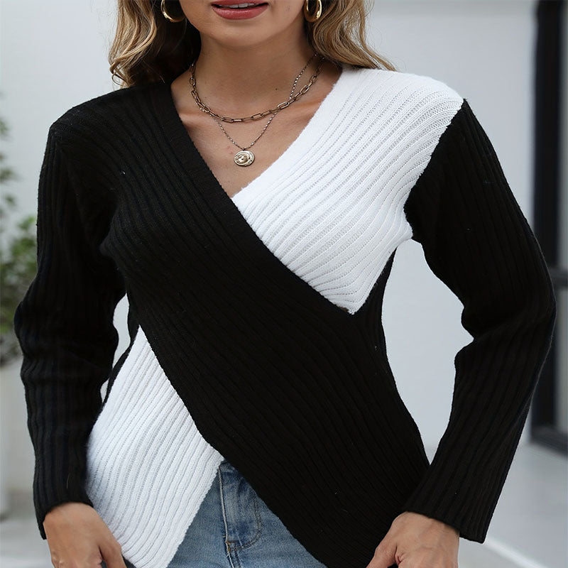 Damen asymmetrisches Strickoberteil mit eleganter V-Front Drune