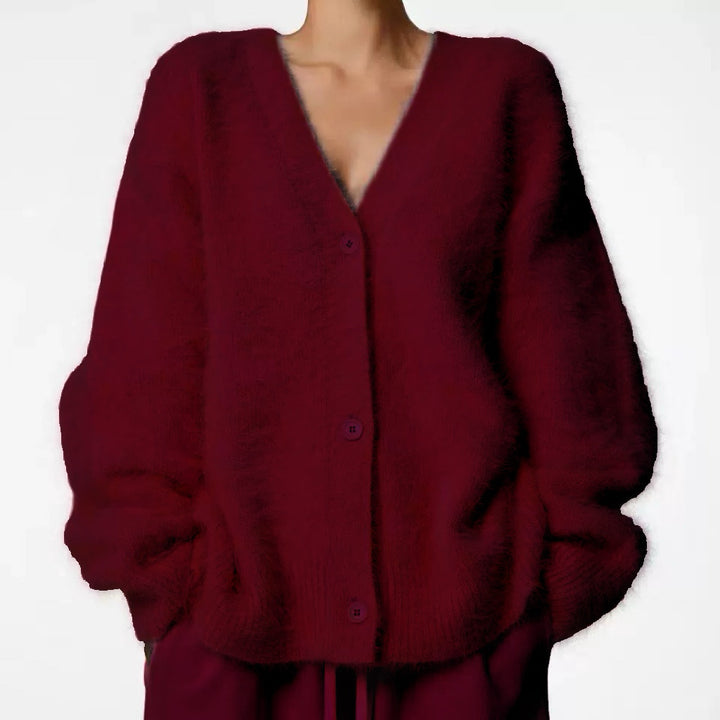 Damen Flauschiger Oversize-Knopfcardigan mit tiefem V-Ausschnitt und Eingrifftaschen Drune