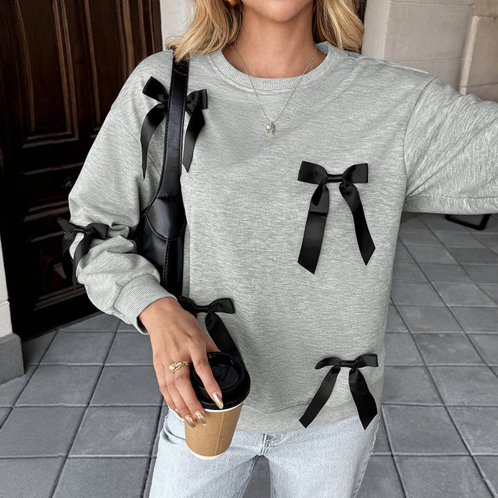 Damen Sweatshirt mit Satin‑Schleifenbesatz und Rundhalsausschnitt Drune