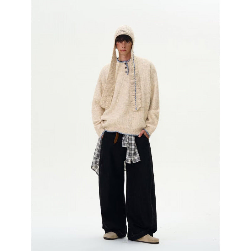 Herren Grobstrick-Henley-Pullover mit Bouclé-Optik und kontrastierten Bündchen Drune